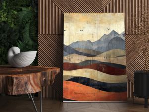 Abstract mountain landscape with layered textures and muted colors