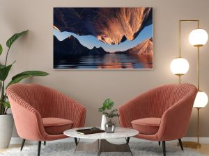 3d render, futuristic landscape with cliffs and water. Modern minimal abstract background. Spiritual zen wallpaper with sunset or sunrise light