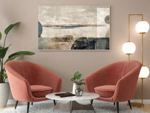 Modern art mural wallpaper background with abstract shapes and textures in a muted color palette, forming a calm and sophisticated design.