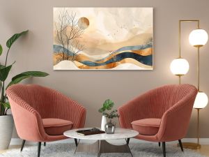 Abstract minimalist landscape painting with muted earth tones, featuring stylized trees, hills, and a sun.