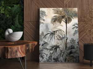 Watercolor pattern wallpaper. Painting of a jungle landscape.