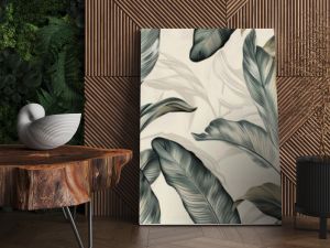 Vintage botanical illustration of tropical leaves, boho style wallpaper