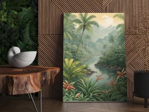 Vintage tropical botanical illustration of a lush jungle paradise