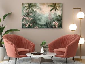 Vintage wallpaper of an exotic forest with toucans, blooming orchids and hidden streams in pastel tones. mural art style. 