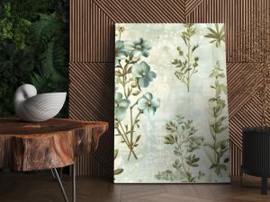 A background pattern of vintage botanical prints featuring wildflowers in muted tones of blue and green, arranged in an elegant, repeating design.