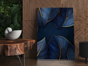 This stunning 3D artwork features dark blue leaves with intricate golden outlines, creating a luxurious floral design that adds depth and elegance to any space with its artistic flair