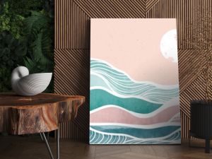 Creative minimalist modern paint and line art print. Abstract ocean wave and mountain contemporary aesthetic backgrounds landscapes. with sea, skyline, wave. vector illustrations