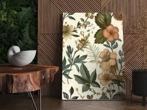 Seamless pattern background featuring a collection of vintage botanical illustrations with flowers and leaves in muted colors - Generative AI