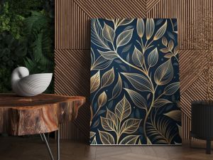 Elegant floral organic texture wallpaper illustration featuring intricate gold line art leaves on a dark, mysterious background with a seamless repeating pattern.