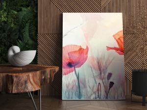 An exquisite and elegant abstract watercolor illustration showcasing vibrant and colorful poppies, making it a perfect choice for spring decor, as well as being an excellent example of botanical art