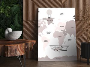 Vector world map for kids with cute cartoon planes and air balloons. Children's map design for wallpaper, kid's room, wall art. America, Europa, Asia, Africa, Australia, Arctica. Vector illustration.