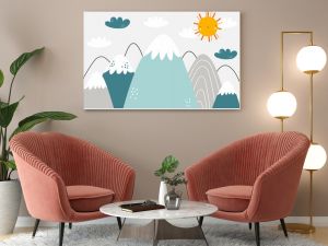 Vector children hand drawn color mountain illustration in scandinavian style. Mountain landscape, clouds and cute sun. Kids wallpaper. Mountainscape, baby room design, wall decor.