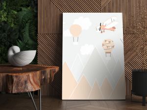 Vector color children hand drawn mountain, aircraft, plane and stars illustration in scandinavian style. Mountain landscape. Children's wallpaper. Mountainscape, children's room design, wall decor.