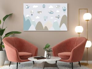 Scandinavian style kids landscape. Aircraft flying over mountain, childish banner with air transport and rocks. Nursery print, cartoon nowaday vector background