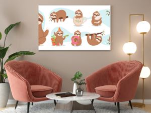 Asleep sloths. Cute baby wild sloths animals hanging branches in relaxing poses exact vector illustrations set