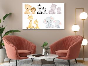 Akwarela ilustracja zestaw zwierząt safari mamy i dziecka