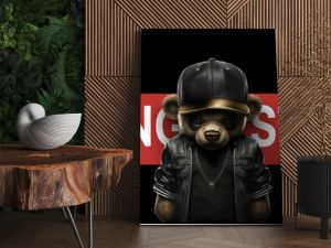 Cute, funny teddy bear in a cap and with a chain on a black background. Gangster kars slogan with a bear doll. Vector illustration