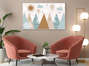 Vector hand drawn modern design of kids mountains. Mountains in doodle style. For children's wallpapers. Mountains, clouds, air balloon, sun and birds.