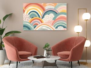 Pastel rainbows. Scandinavian print for baby shower, nursery, playroom, birthday, children's party, etc. Generative AI