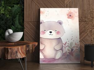 watercolor style illustration of happy baby bear in flower blossom garden, idea for home wall decor, kid room, Generative Ai