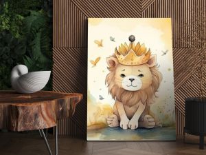 watercolor style illustration of happy lion cub in flower blossom garden, idea for home wall decor, kid room, Generative Ai