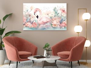 watercolor style illustration of happy flamingo in flower blossom garden, idea for home wall decor, kid room, Generative Ai