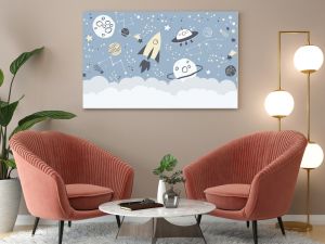 Children graphic illustration for nursery, wall, book cover, textile, cards. Interior design for kids room. Vector illustration with space theme