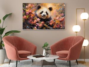 art illustration of cute panda bear in flower blossom atmosphere, Generative Ai