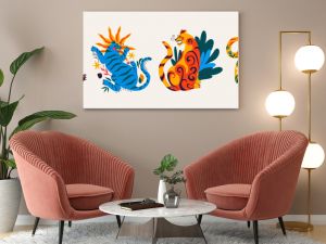 Abstract cartoon tigers in tropical retro style 90s.Hippie groovy animals hand drawn