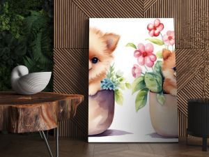 watercolor style illustration of happy baby pomeranian dog puppy  in flower plant pot blossom garden, idea for home wall decor, kid room, Generative Ai