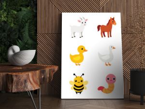 Collection of Cute Farm and domestic Animals Icons, vector flat cartoon illustration - cow, chicken, duck, goat, sheep, horse, pig, dog, cat, bee, llama, donkey.