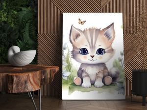 watercolor style illustration of happy cat in flower blossom garden, idea for home wall decor, kid room