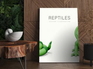 Set of reptiles in realistic cartoon style. Green striped snake, iguana