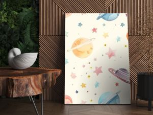 Whimsical Watercolor Space Pattern Featuring Planets, Stars, and Celestial Bodies in Soft Pastel Colors, Perfect for Children's Room Decor, Stationery, and Textile Designs