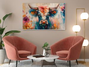 Bull, illustration of cute animal smile face in spring flower gardens, idea for children room wall decor or animal wallpaper