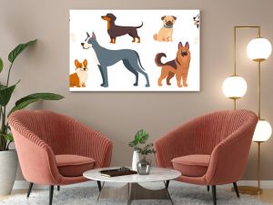 Cartoon dog pets. Cute little puppies, adorable dogs with different breeds and sizes. Home funny animals characters with happy muzzles. Dachshund, shepherd, Jack Russell. Vector set