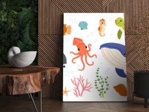 Sea animals. Ocean underwater aqua life. Marine wild animal. Childish tropical colorful fish, coral, algae and exotic elements. Funny whale, starfish, octopus, shrimp. Vector set.