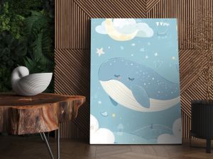 A vector illustration in  style featuring a hand-drawn, colorful, cute whale in the sky with air balloons, clouds, and the moon. Perfect for kids' wallpaper, baby room design