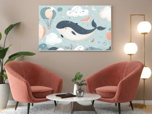 A vector illustration in  style featuring a hand-drawn, colorful, cute whale in the sky with air balloons, clouds, and the moon. Perfect for kids' wallpaper, baby room design