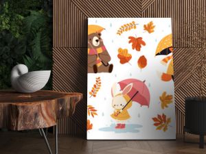 Set of flat vector illustrations in children's style. Cute animals in raincoats and with umbrellas. Hedgehog fox bear raccoon hare in the rain, fall leaves. Vector illustration