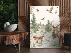 91. Whimsical children's wallpaper featuring hand-drawn animals in a magical forest setting, perfect for a cozy and imaginative children's room