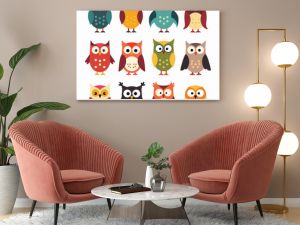 A collection of twelve cartoon owls in various colors and styles, each with unique expressions and features.