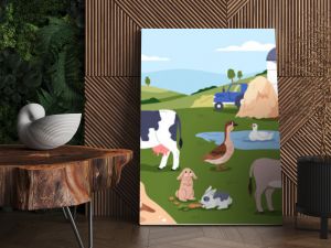 Farm domestic animals, livestock at countryside barnyard. Farmyard, rural landscape with country fauna. Cow, horse, poultry, pig and goat at barn yard in village ranch. Flat vector illustration