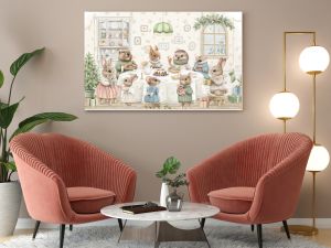 Watercolor vintage composition of room with Christmas party for many different animals in clothes around a table with food. Hand drawn illustration sketch