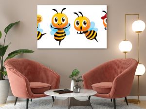 Zestaw maskotek kreskówek śliczna pszczoła Pszczoła kreskówkowa przedstawiająca znak zwycięstwa trzymająca czerpak miodu i nosząca czapkę Ilustracja wektorowa iso
