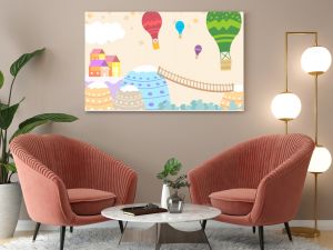 Graphic illustration for kids room wallpaper with house sky full of stars,stairs,hill,and air balloon. Can use for print on the wall, pillows, decoration kids interior, baby wear, t shirt, and card