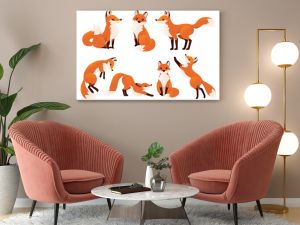 Cute cartoon fox set. Funny red fox collection. Emotion little animal. Cartoon animal character design. Flat vector illustration isolated on white background