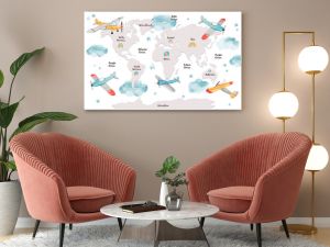 World map for kids with cute cartoon planes, clouds and rainbows. Children's map design for wallpaper, kid's room, wall art. America, Europa, Asia, Africa, Australia, Arctica. Watercolor illustration.