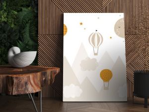 Vector children hand drawn doodle mountain illustration in scandinavian style. Mountain landscape, clouds, air balloons and cute moon. Kids wallpaper. Mountainscape, baby room design, wall decor.