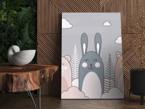 Drawing with animals. Wallpaper for the children's room. Little animals, wall decor with animals. Magical mountains, a fabulous world. Rabbit, bear, fox in the clouds.